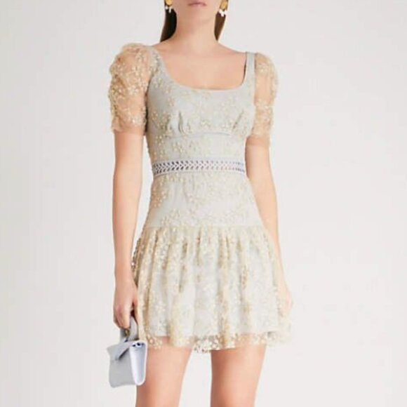 NWOT Self-Portrait Short Sleeve Chiffon Midi Dress gold Light Blue - Picture 4 of 11